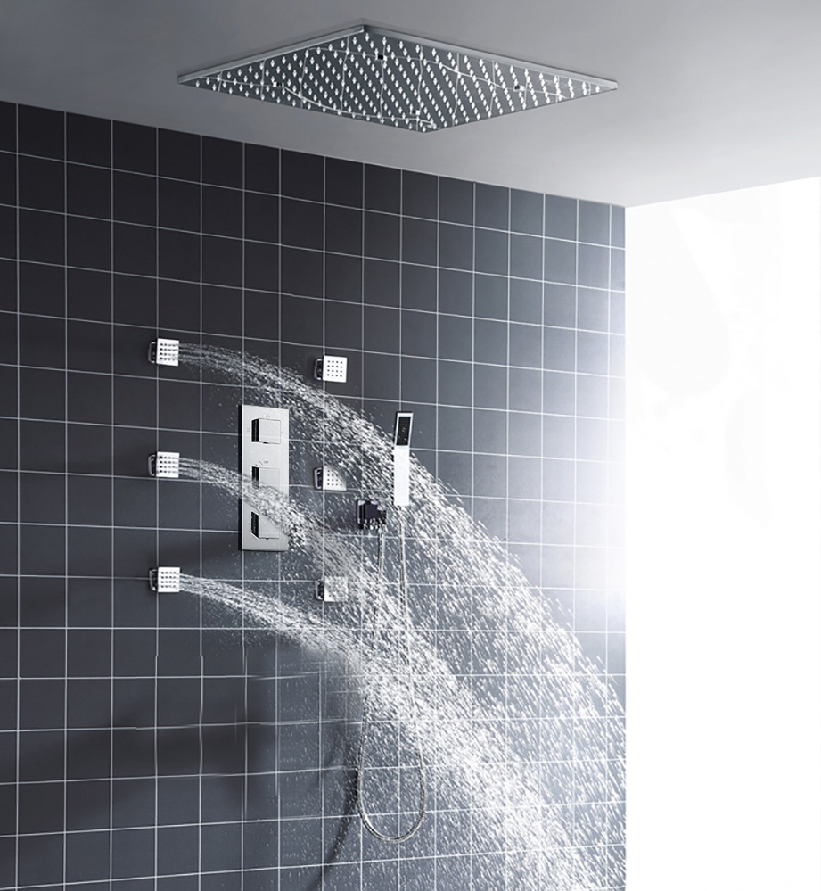 Fontana Glasgow 24 inch LED ceiling rainfall shower head set with six body jets and handheld shower